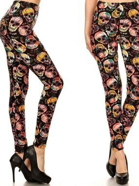 New Women's Black Skeleton Sugar Skull Leggings One Size S M L 1X 2X Halloween